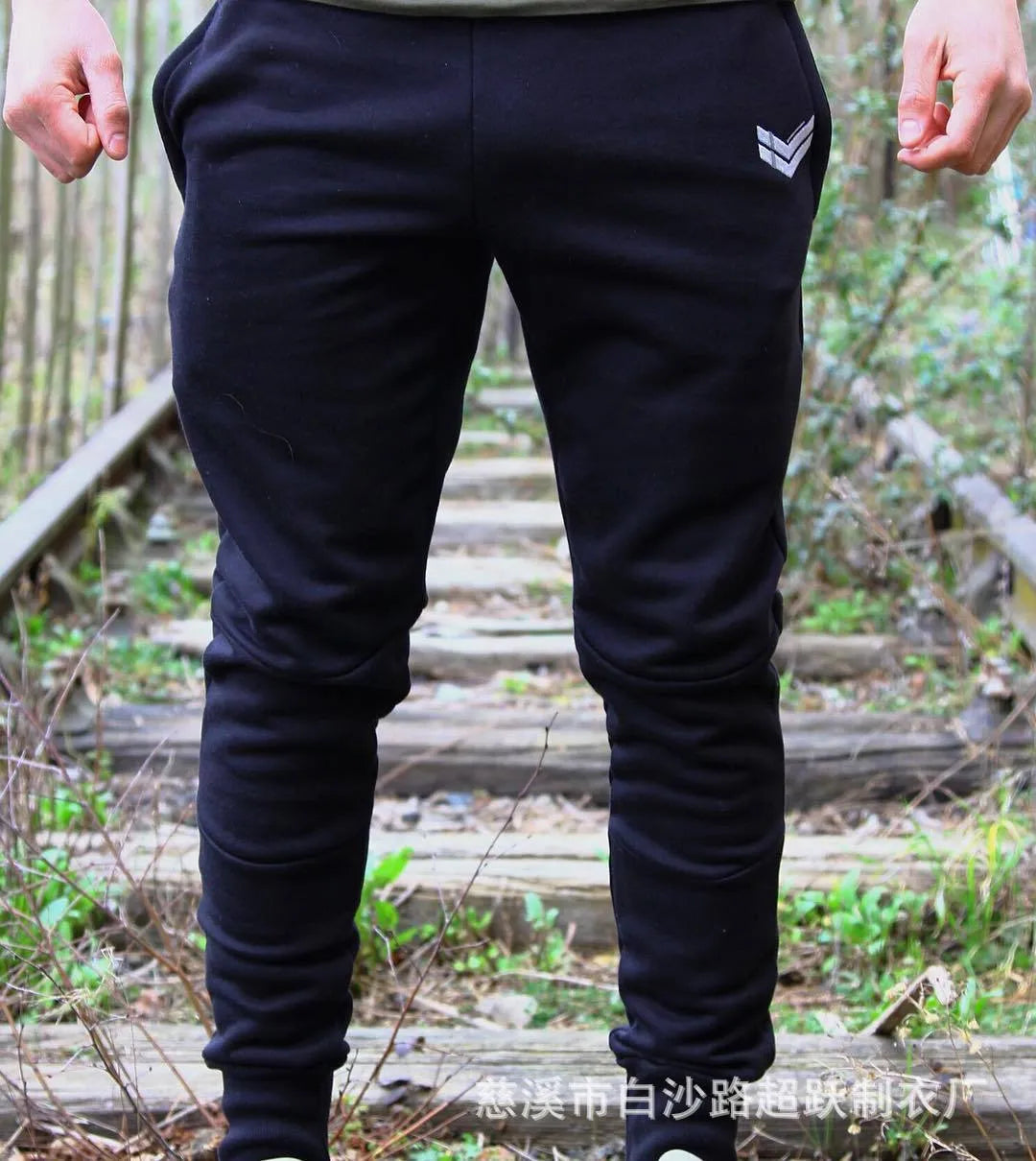 Men's cotton running training pants with drawstring waist and ribbed hem in dark grey, straight tube leg style