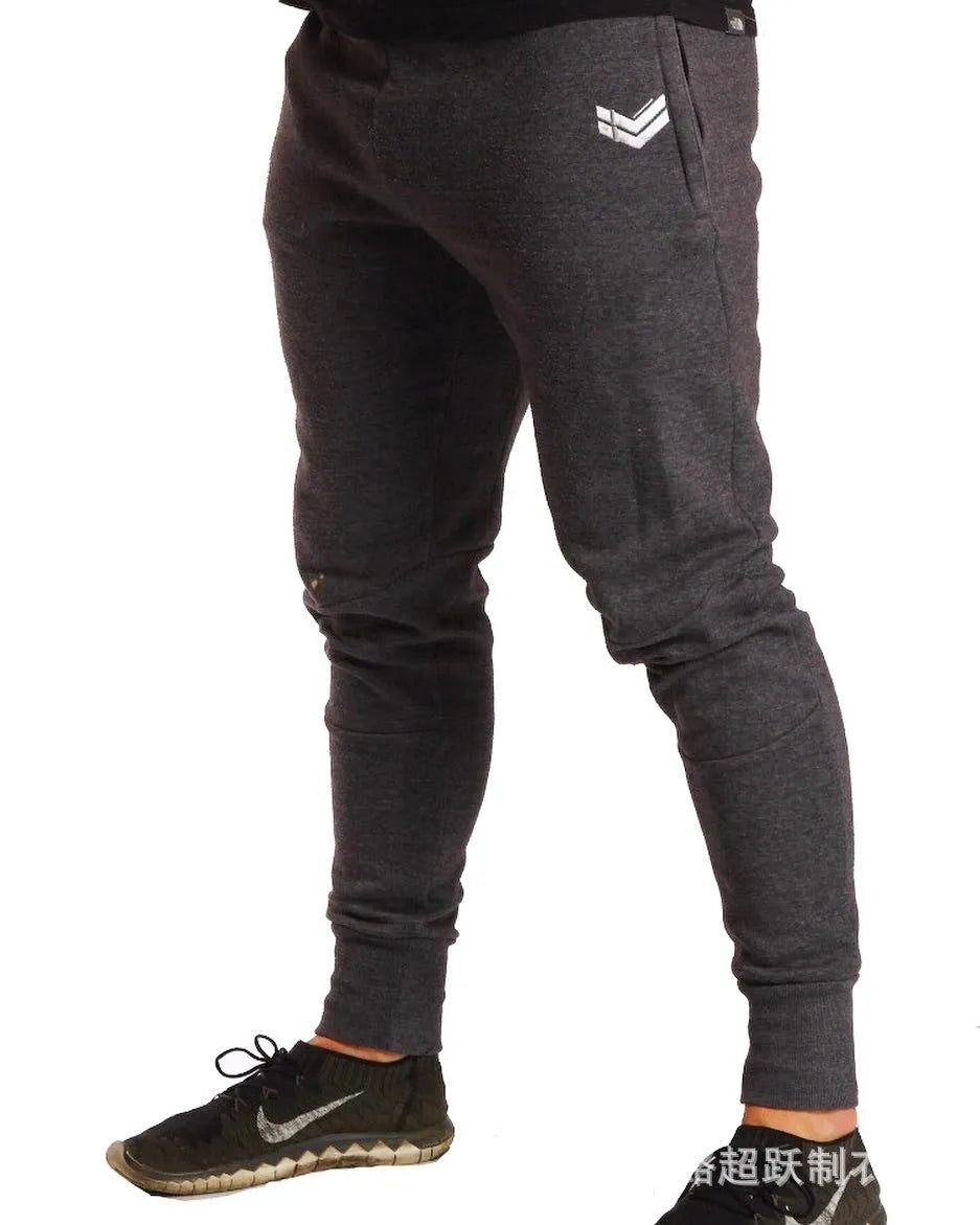 Men's cotton running training pants with drawstring waist and ribbed hem in dark grey, straight tube leg style