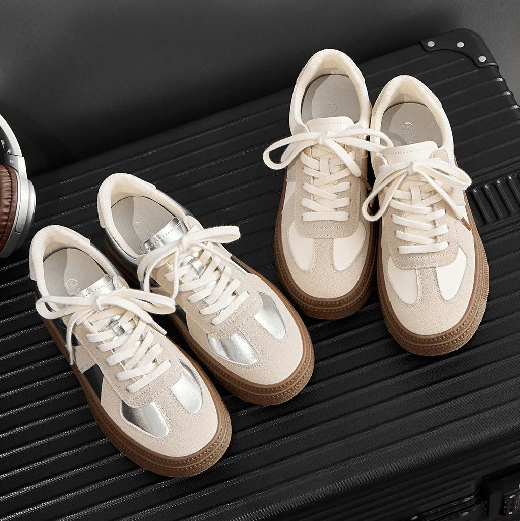 Retro beige and silver sports shoes with cross straps and round toe