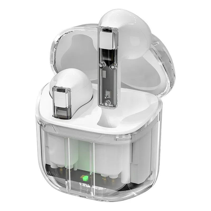 YX06 wireless TWS headphones with transparent cabin design in black, green, orange, and white colour options