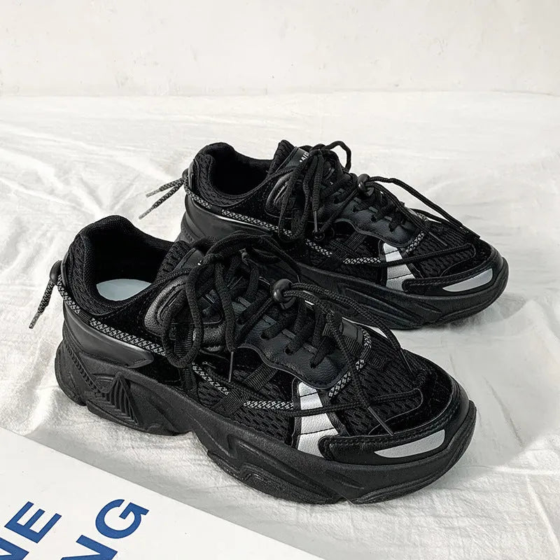 Men's Korean style platform dad shoes in white, black, or grey with mesh lining and lace-up front