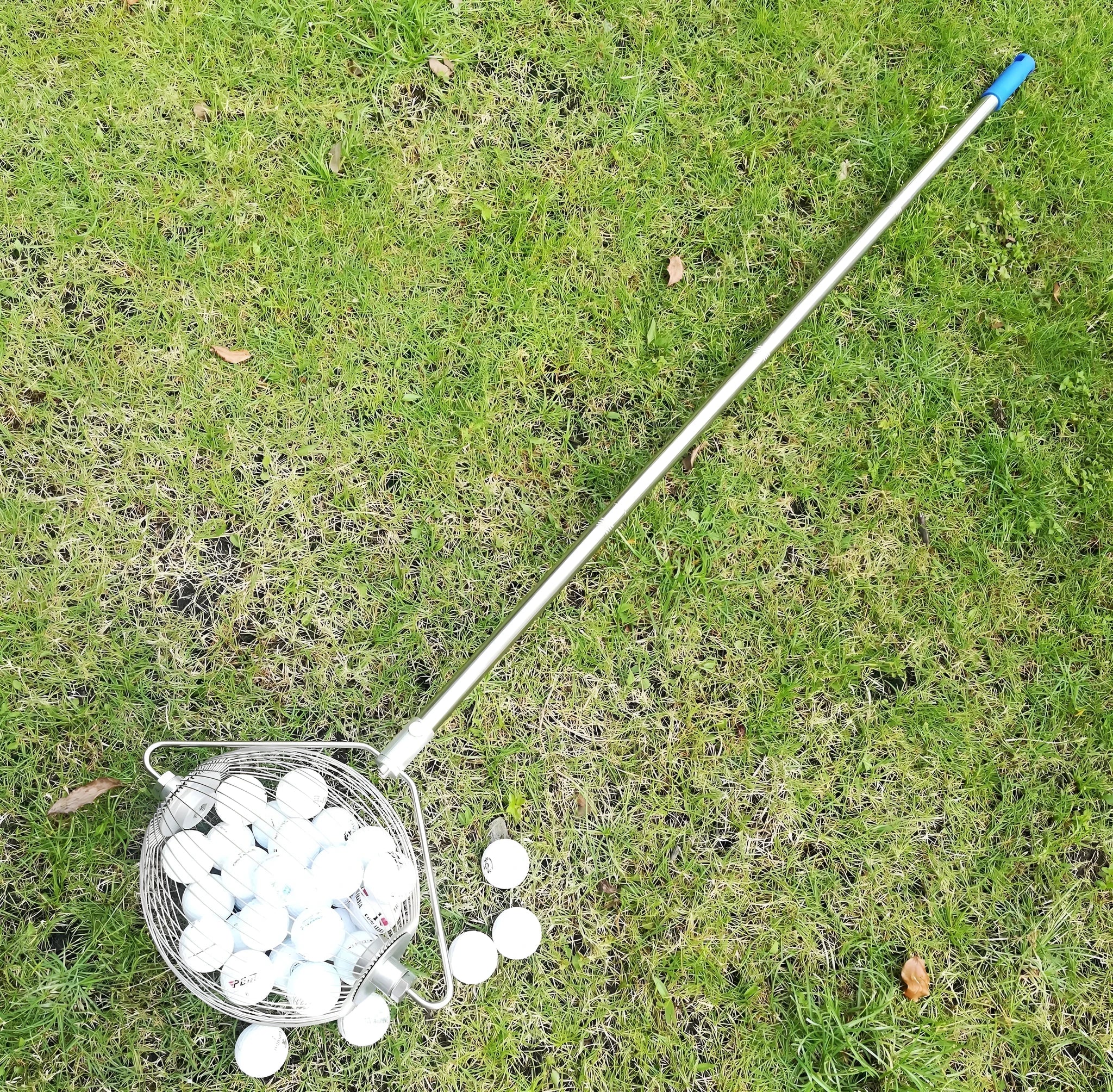 Metallic coloured stainless steel golf ball picker for retrieving balls from course hazards