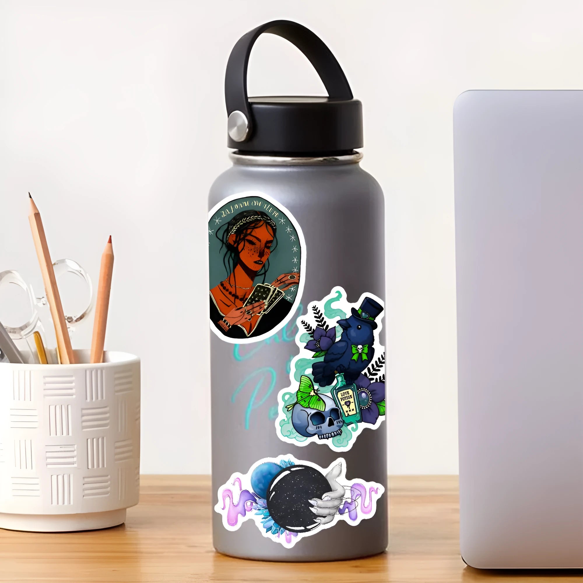 Pack of 50 waterproof PVC stickers with glossy finish for laptops and smooth surfaces.