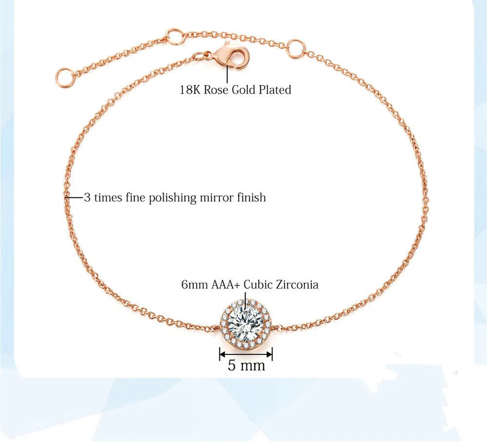 Round crystal anklet on ankle, rose gold tone with alloy and silver or gold plating, 22cm chain plus 4cm extender