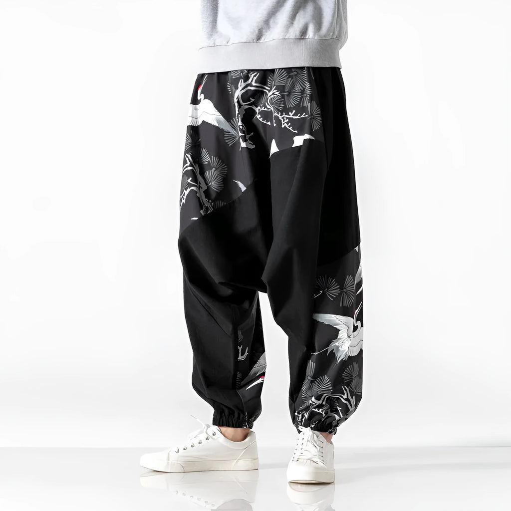Chinese style crotch big crotch patchwork trousers in black cotton-linen blend, side view