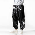 Chinese style crotch big crotch patchwork trousers in black cotton-linen blend, side view