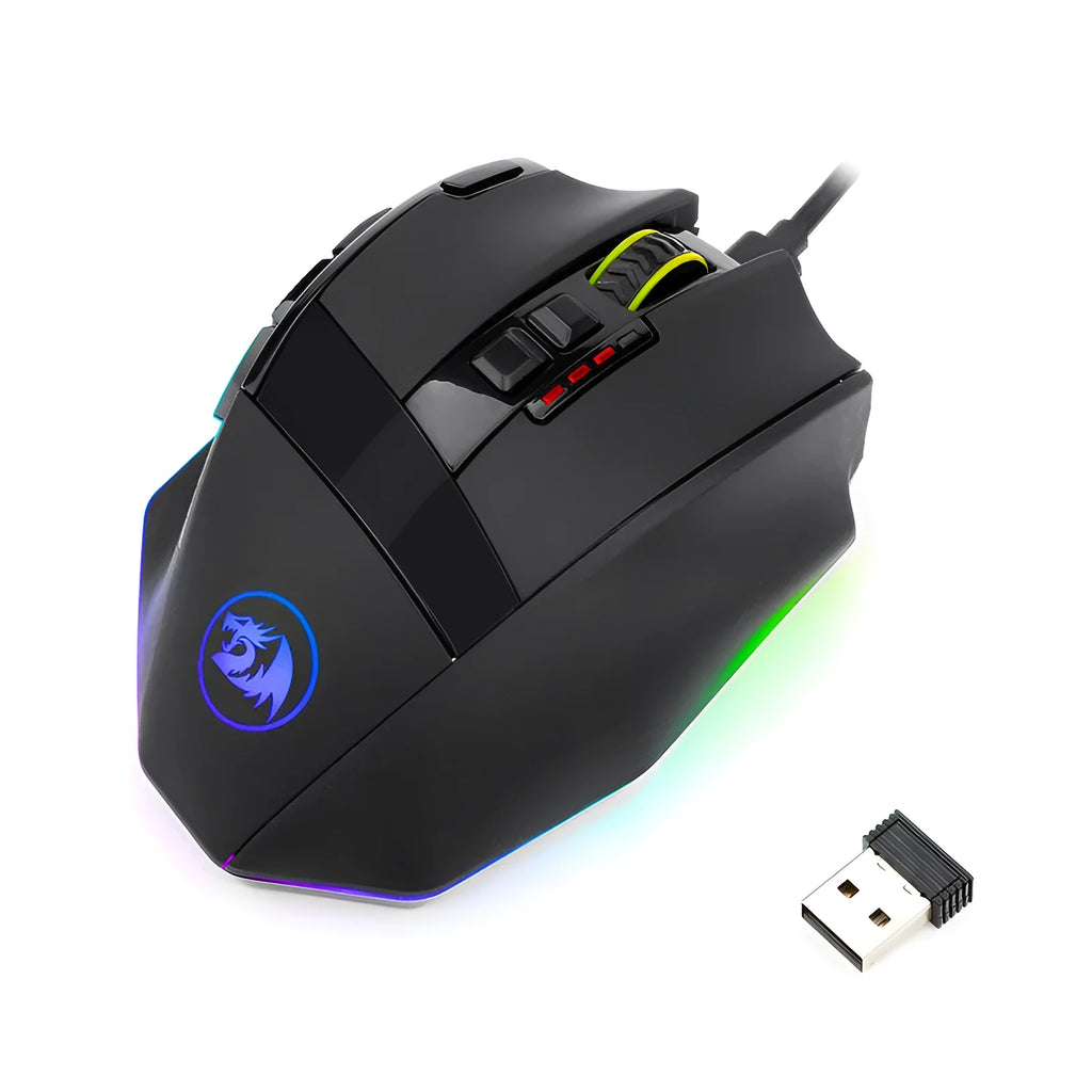 Redragon M801P black dual-mode gaming mouse showing nine buttons and ergonomic shape