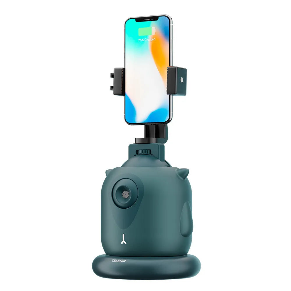 Dark green intelligent follow-up gimbal with built-in camera showing 360-degree rotation mechanism