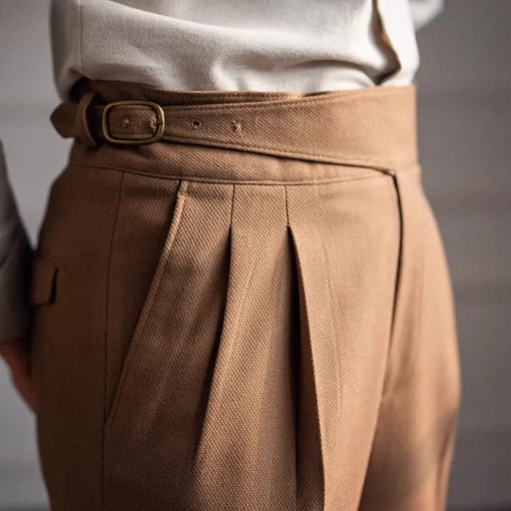 Men's high waist straight leg casual trousers in black, brown, khaki, or white.