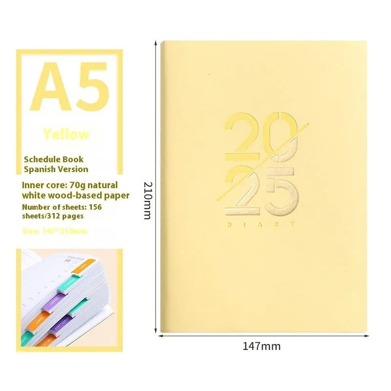 Soft faux leather A5 daily planner notebook open showing Dorian paper pages