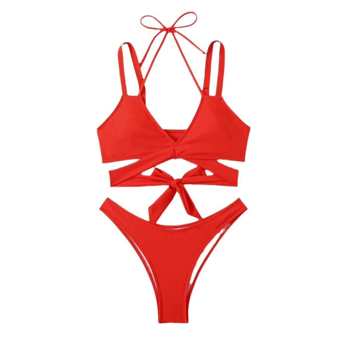 Women's solid colour strappy bikini swimsuit in black, blue, red, rose red, or white on a mannequin.