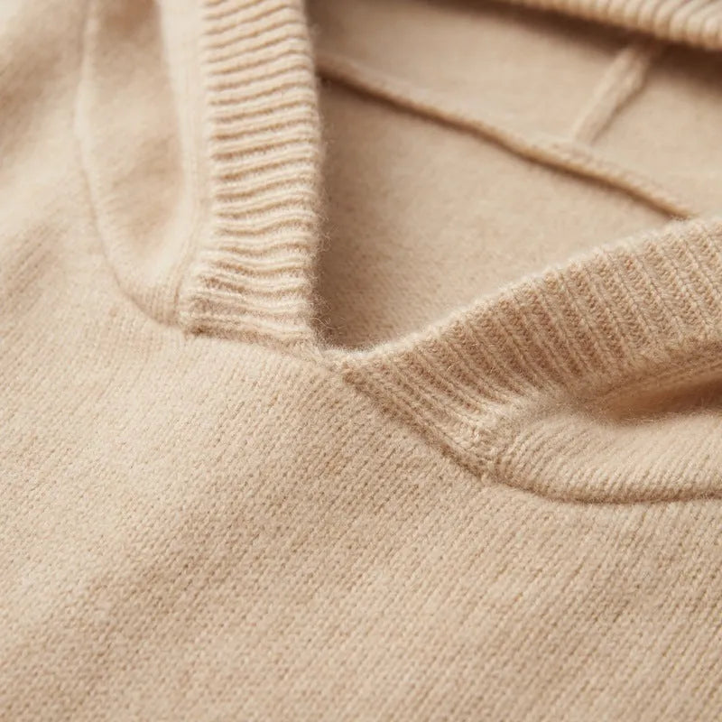 Men's cashmere hooded thickened sweater in loose fit, solid black colour, long sleeve winter pullover