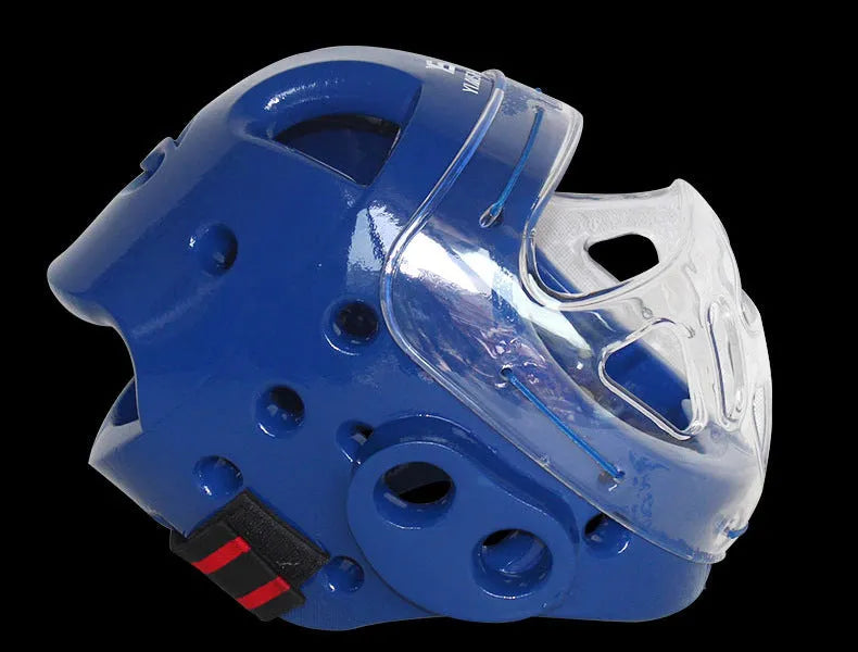 Karate boxing helmet protective equipment in white, blue and red colours showing head coverage design
