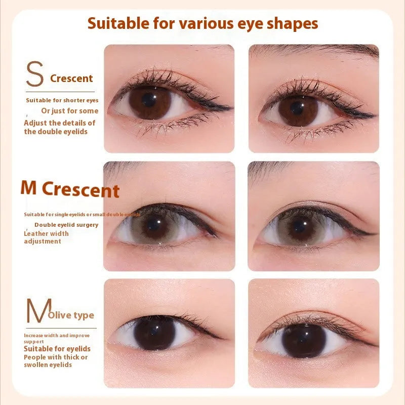 Roll of invisible lace double eyelid stickers in shades Crescent M, Crescent S, and Olive M.