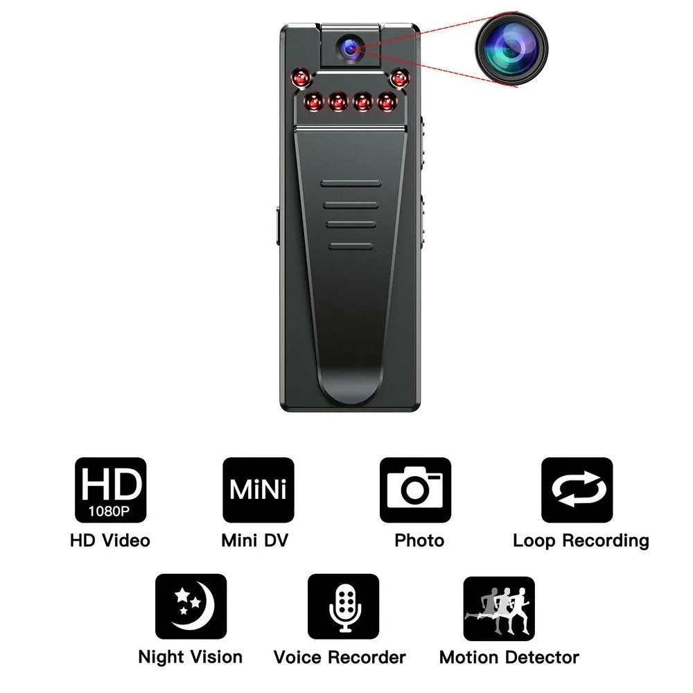 Black 1080p HD digital video camera on a stand showing its 90-degree rotation capability.