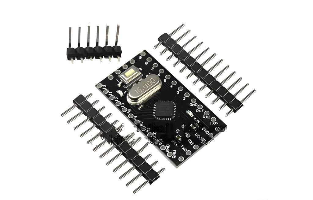 Mini Pro ATMEGA328P microcontroller circuit board with pin headers and compact design