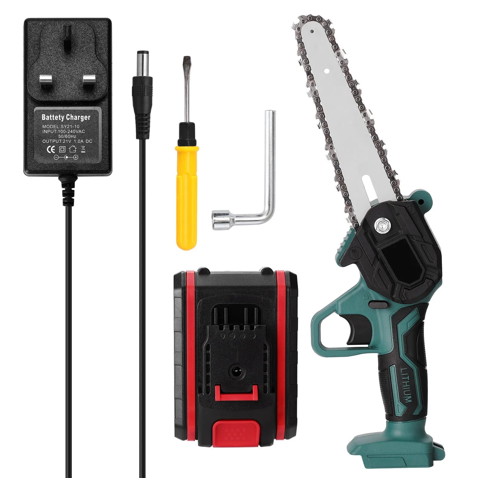 Black one-handed mini electric chainsaw with a 4-inch guide bar on a wooden surface.