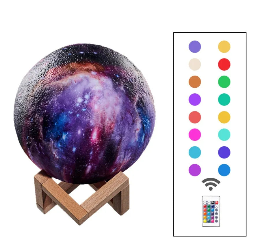 3D-printed spherical moon night light with colour-changing LED glow on a dark surface.