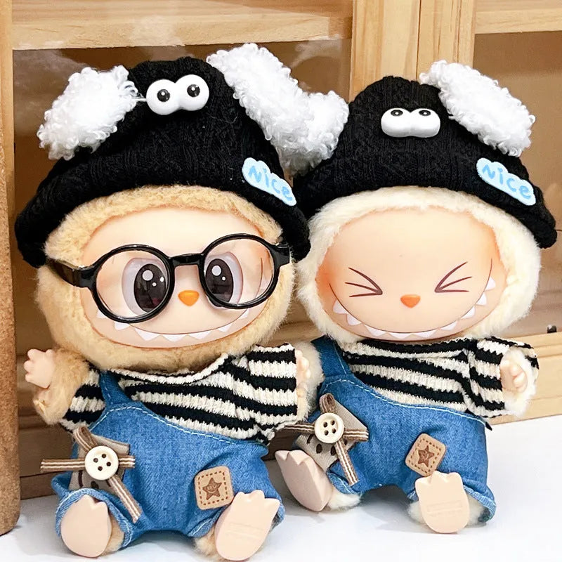 Labubu doll wearing striped puppy suit with denim suspender pants in polyester fabric