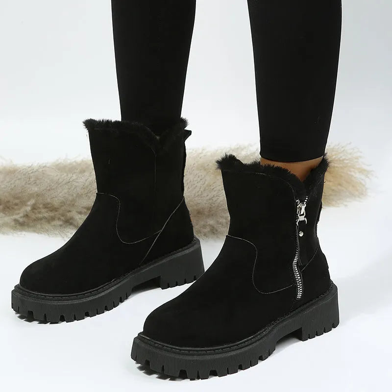Women's black high-top snow boots with side zipper, plush lining, and non-slip rubber sole