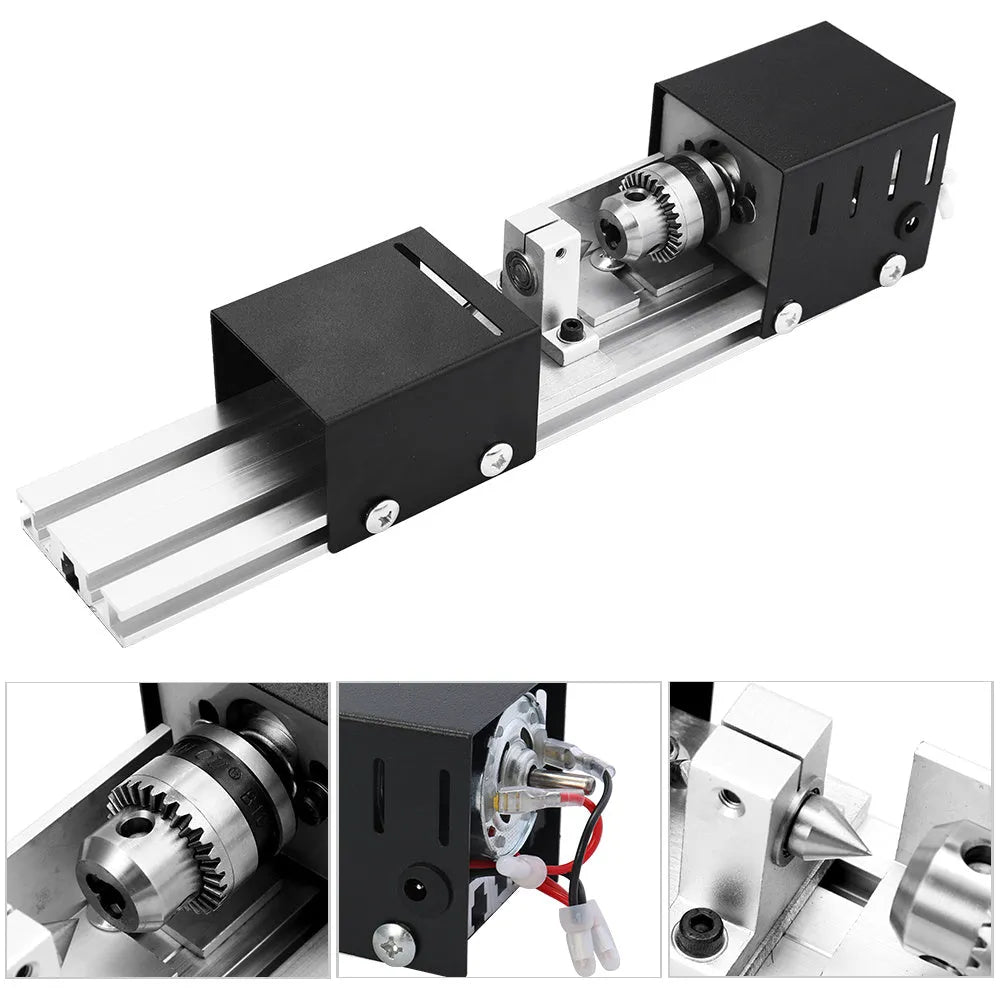 Silver mini woodworking lathe metal model with carving tools and 140mm capacity on workbench