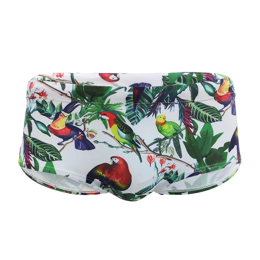 Men's floral and bird print swimming trunks in nylon fabric with elasticated waistband