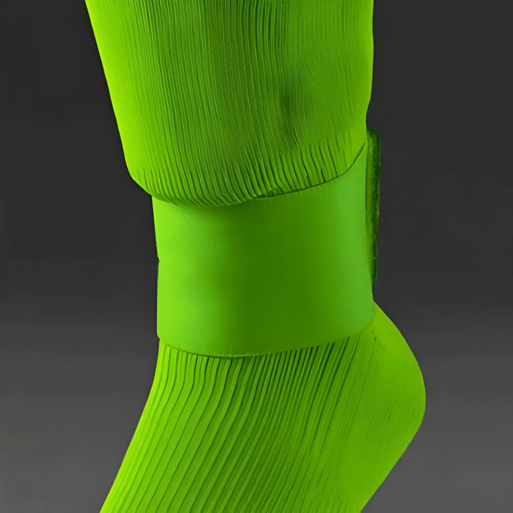 Rubber football shin guard belt in multiple colours securing protective pad on athlete's leg