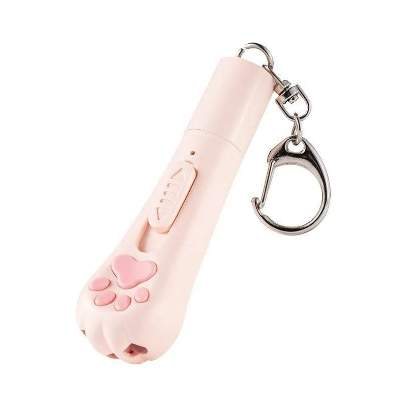 Rechargeable cat teaser toy with feather attachment and pen light in pink, cream white, or sky blue colour options