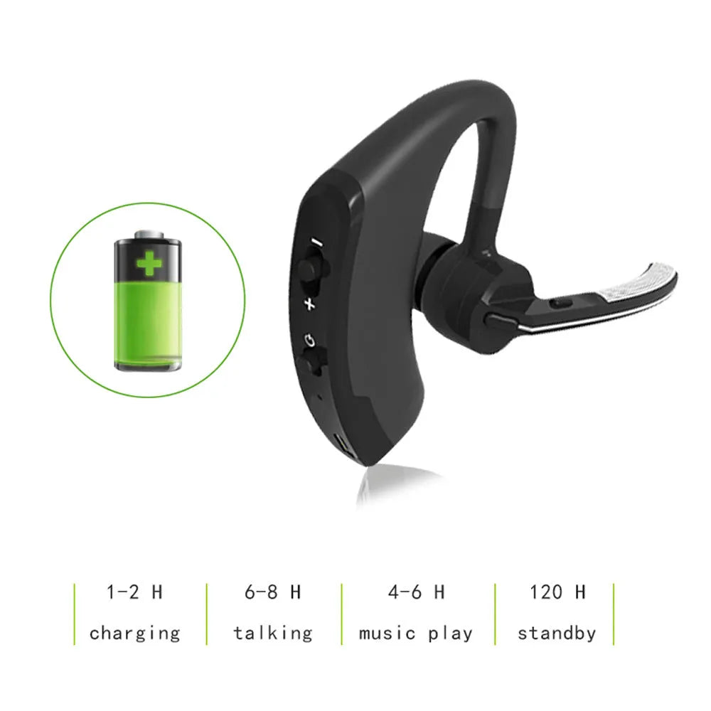 V9 Bluetooth wireless headset with ear-bud and charging cable on a grey background.