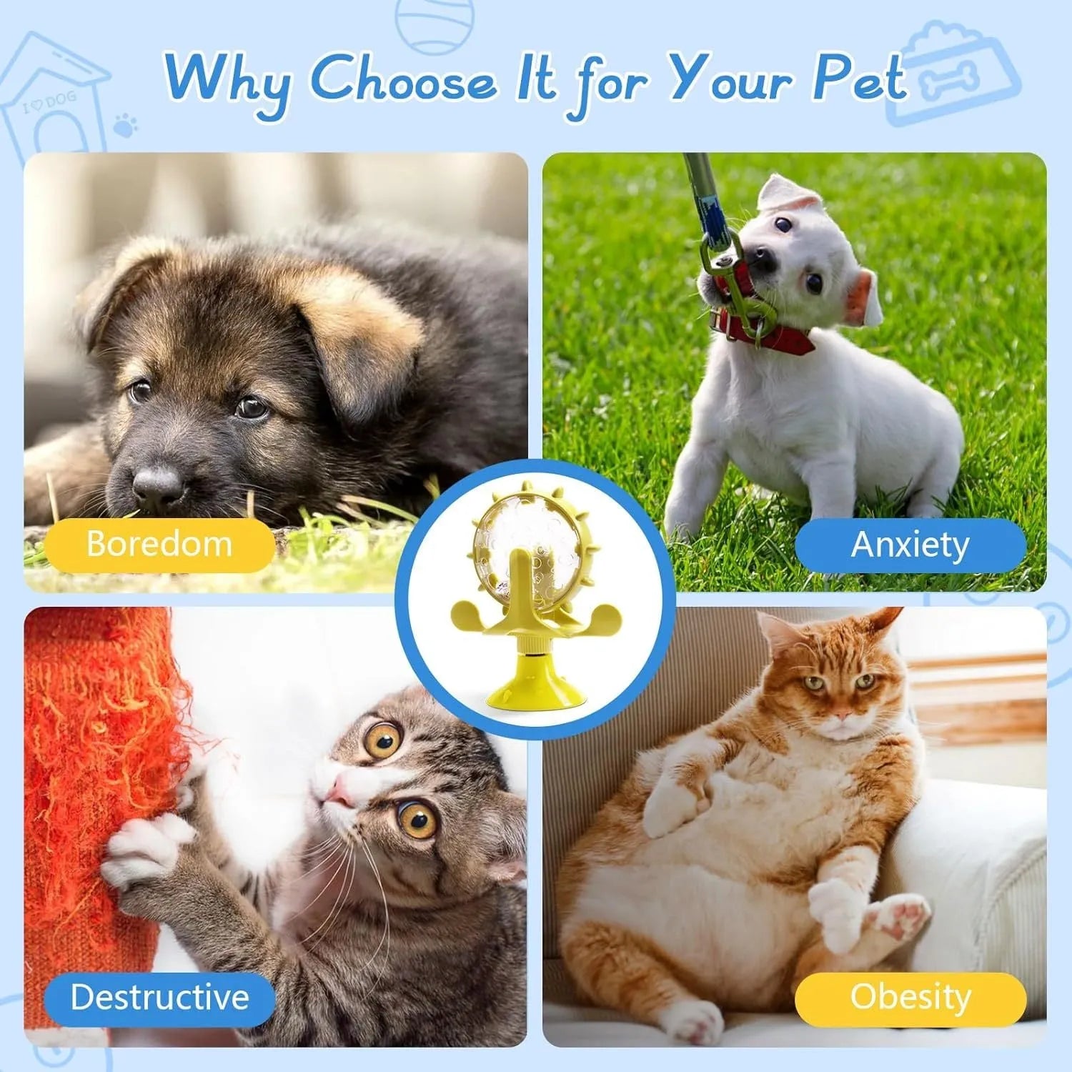 Interactive pet spinner toy with strong sucker base in blue, green, red, or yellow colours for cats and small dogs