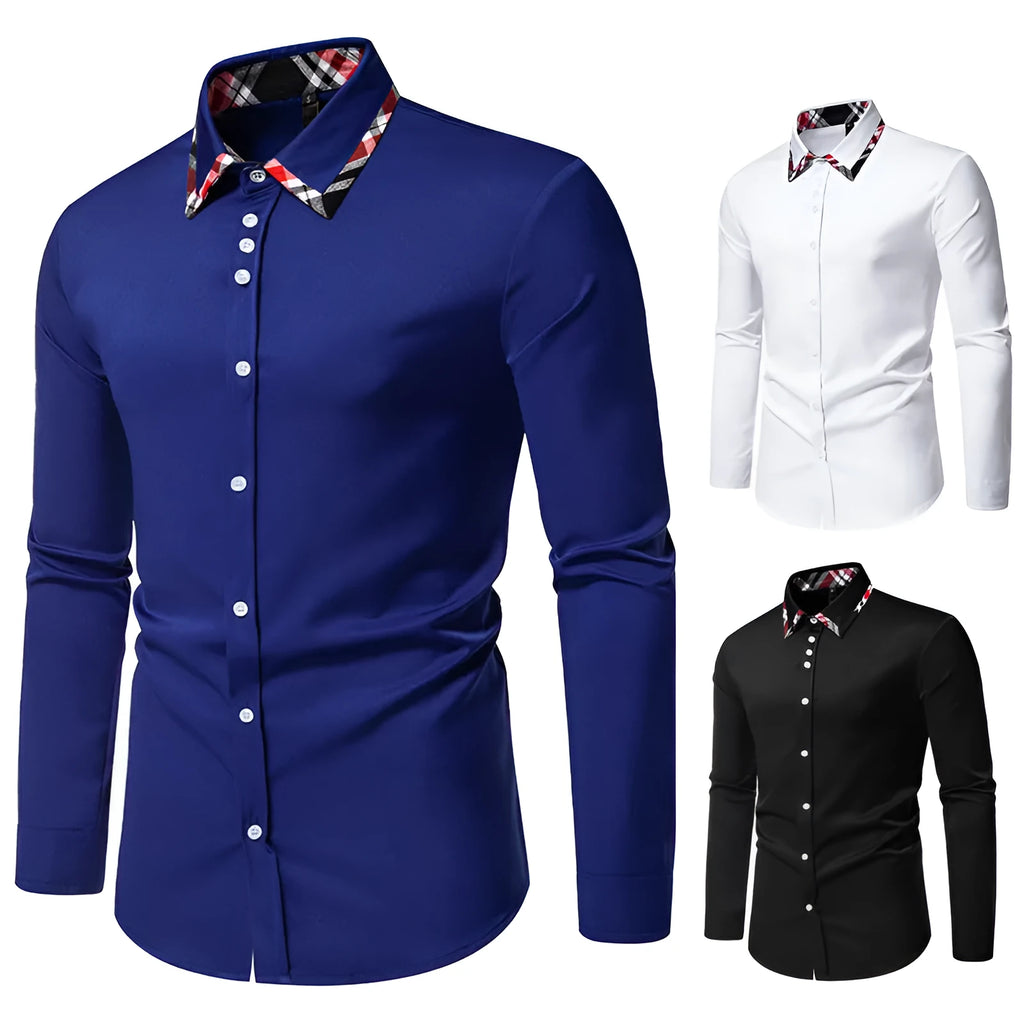 Men's blue plaid long sleeve shirt with triangle collar on hanger