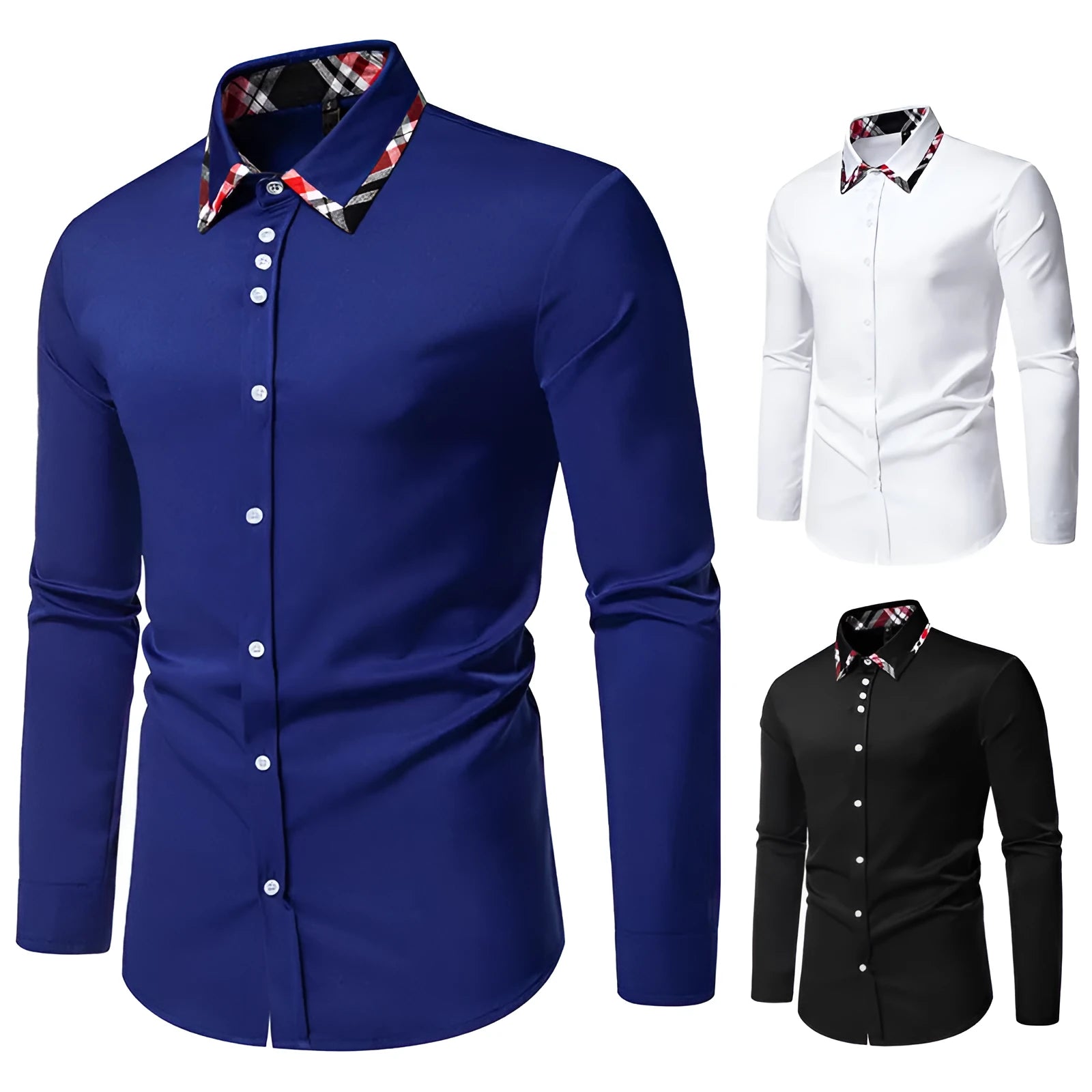 Men's blue plaid long sleeve shirt with triangle collar on hanger