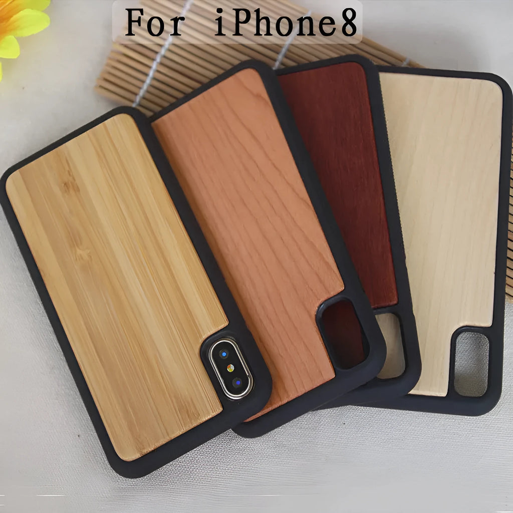 Wooden and TPU hybrid phone case for iPhone showing natural bamboo back and black rubberised sides.