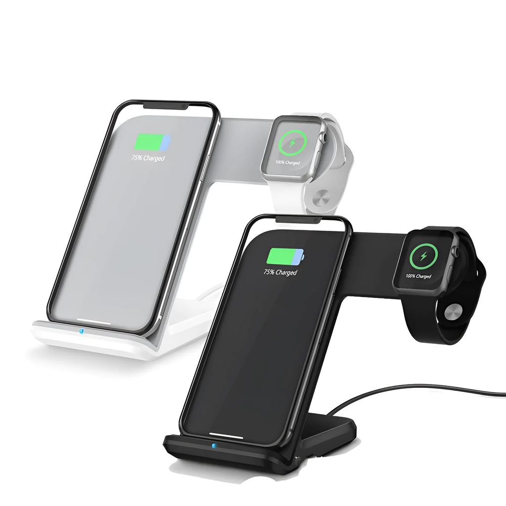 Black wireless phone charger on a desk next to a mobile phone, with a white Type-C cable.