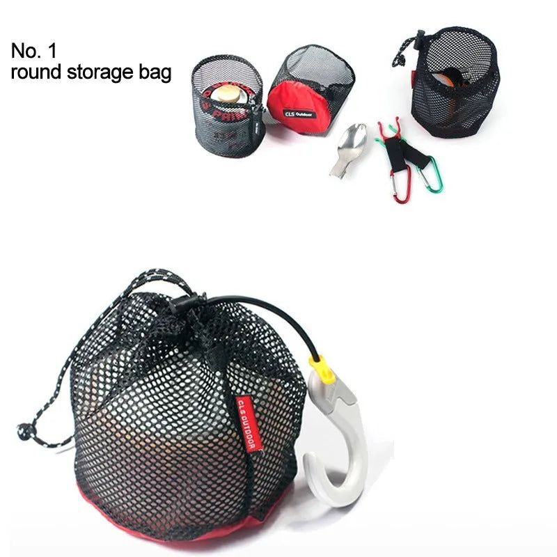 Set of five red outdoor travel storage bags made from Oxford cloth and mesh with zippers.