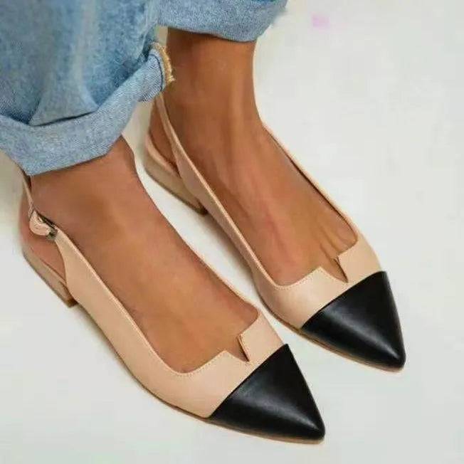 Women's pointed flat bottom low heel pumps in colour-matched design with chunky heel and wool lining