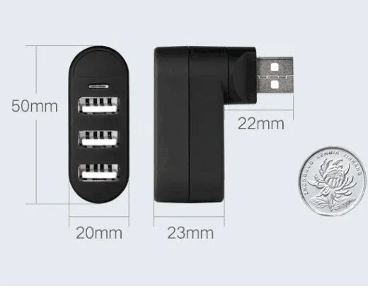 USB hub splitter with spin colour design in black and white showing four USB 2.0 ports