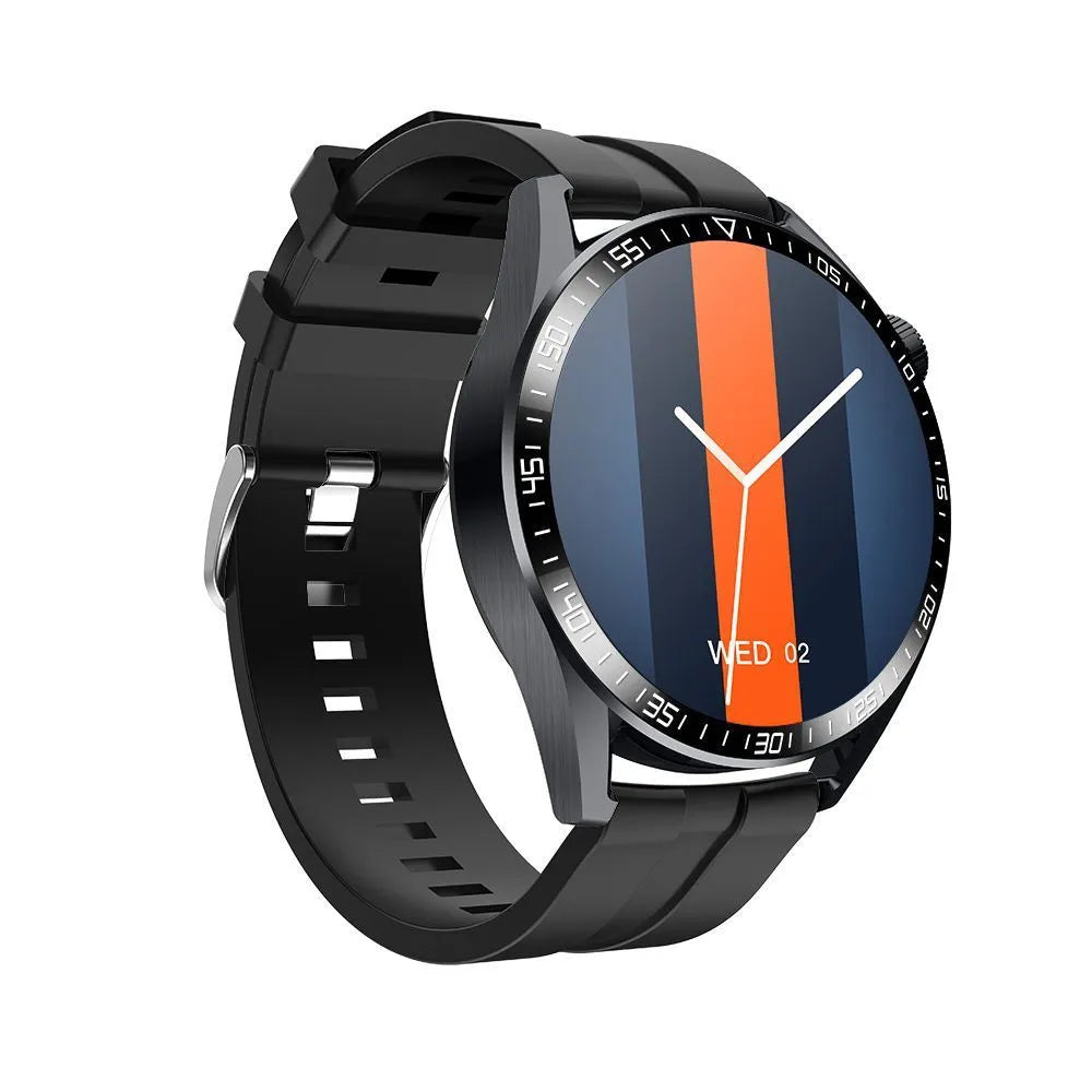 GS3 Max black smart watch with silicone strap showing health stats on screen