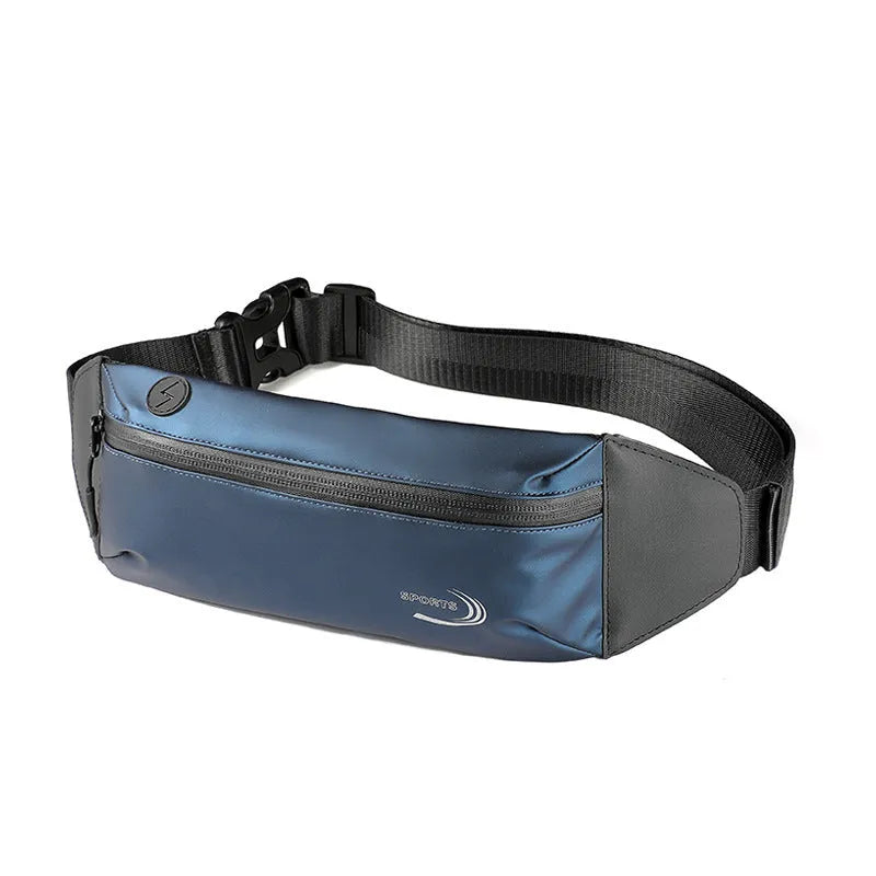 Men's black waterproof sports waist bag with waist strap showing compact design