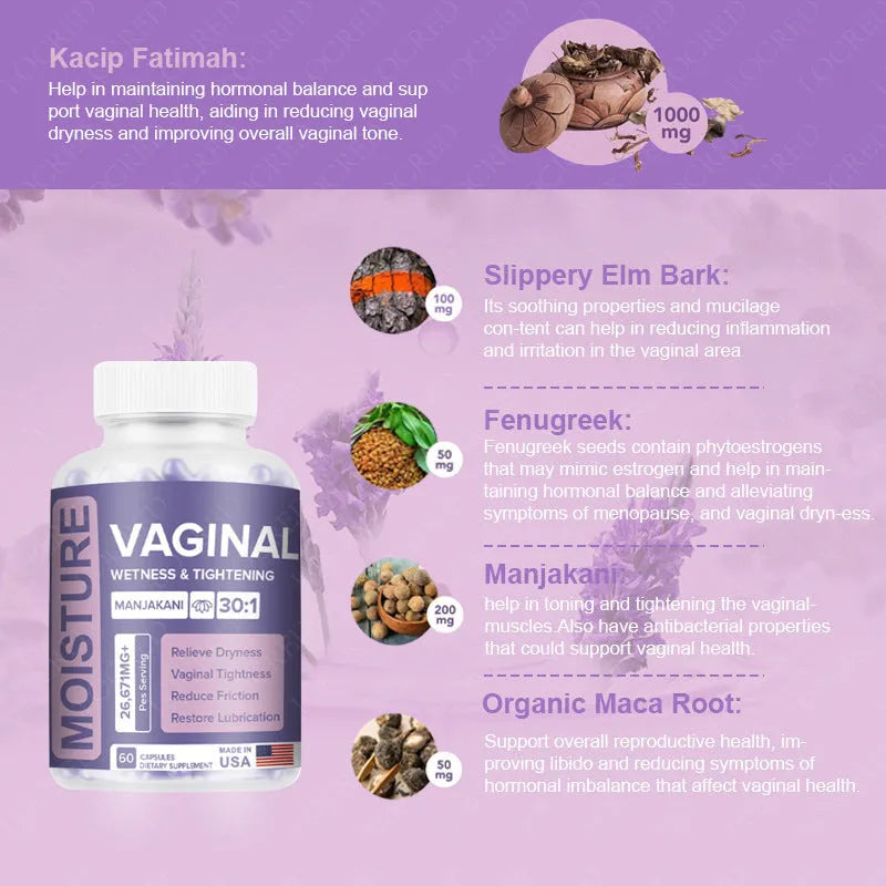 Bottle containing 60 vaginal capsules for adult intimate hygiene use
