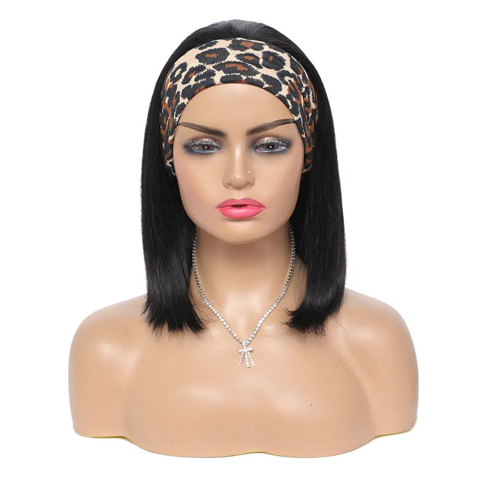 Human hair headband bob wig straight 150% density 14 inch 1B natural colour on mannequin
