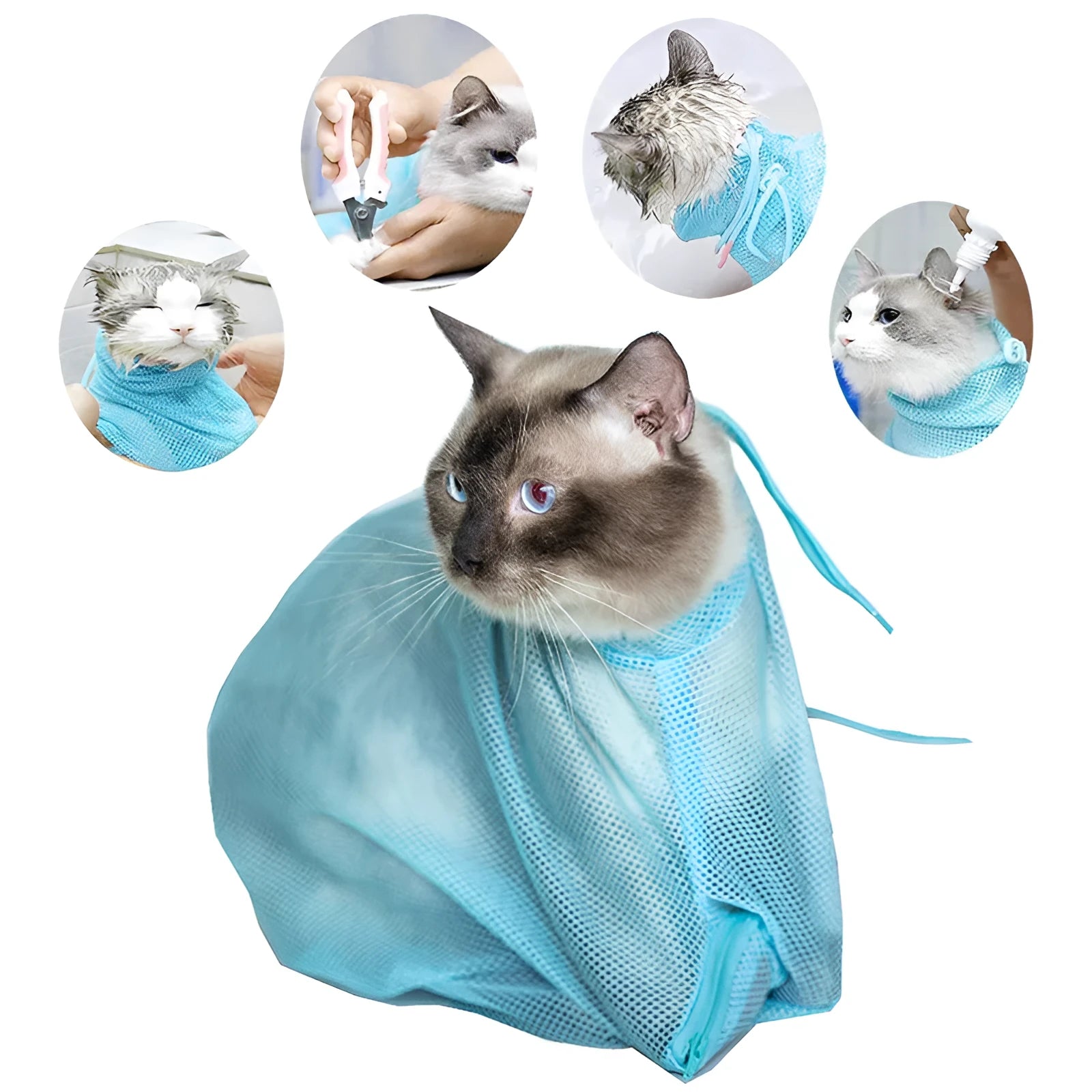 Soft polyester mesh cat grooming bag with front zipper, lightweight design, available in blue, orange, pink, rose red, yellow