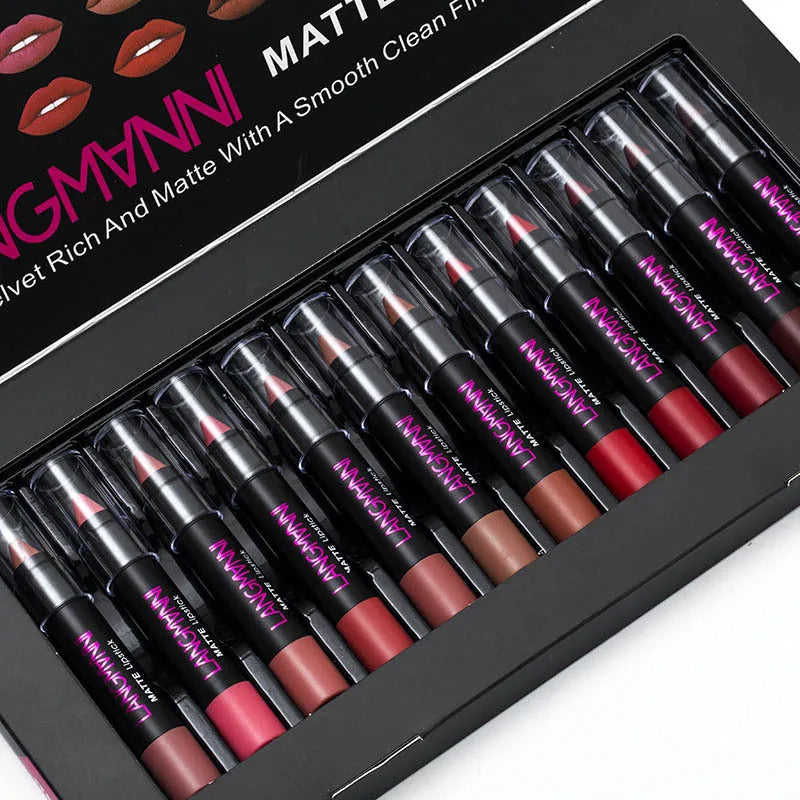 Non-stick cup matte velvet lipstick set with 12 long-lasting 3.5g lipsticks in a range of colours