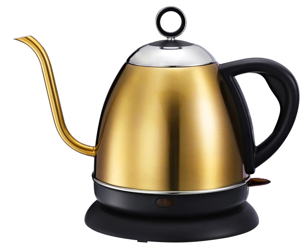 Gold full-automatic stainless steel electric kettle with touch controls and 1 litre capacity.