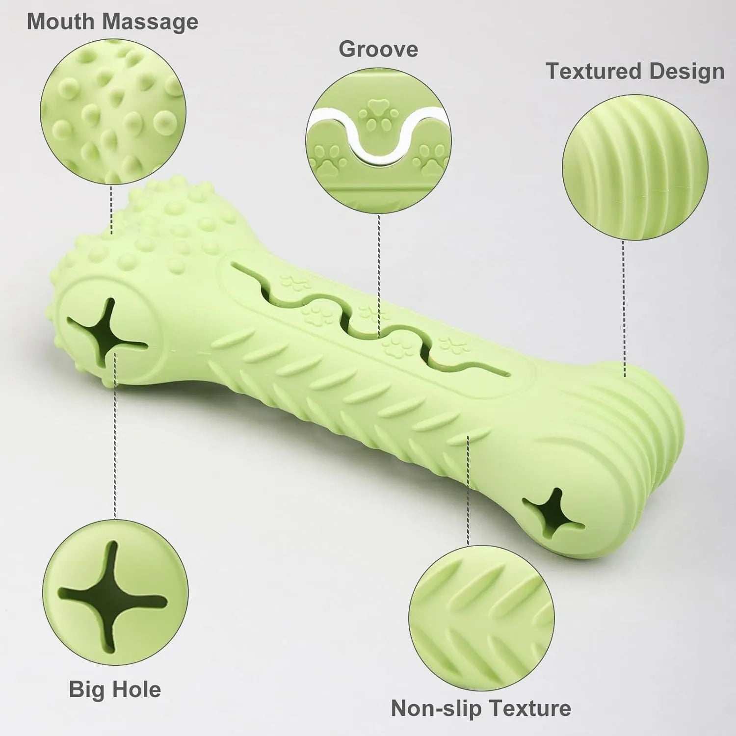 Natural rubber bone-shaped dog chew toy in blue, green, and orange options for aggressive chewers