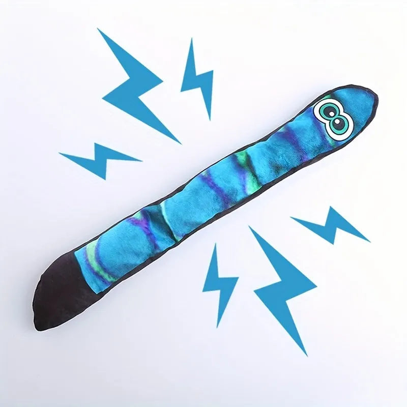 Snake-shaped multicolour stripe print plush squeaky dog toy for chewing and interactive play