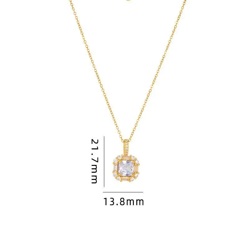 Gold geometric quadrilateral pendant necklace with mixed gemstones on a water wave chain.