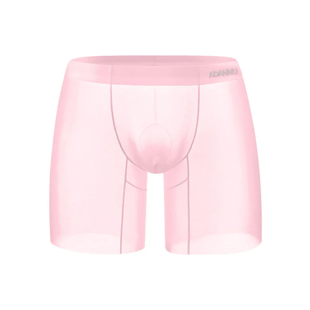 Orange men's seamless low waist boxer shorts made from quick-dry nylon fabric.