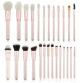26 pink makeup brushes with wooden handles in a PU storage bag.