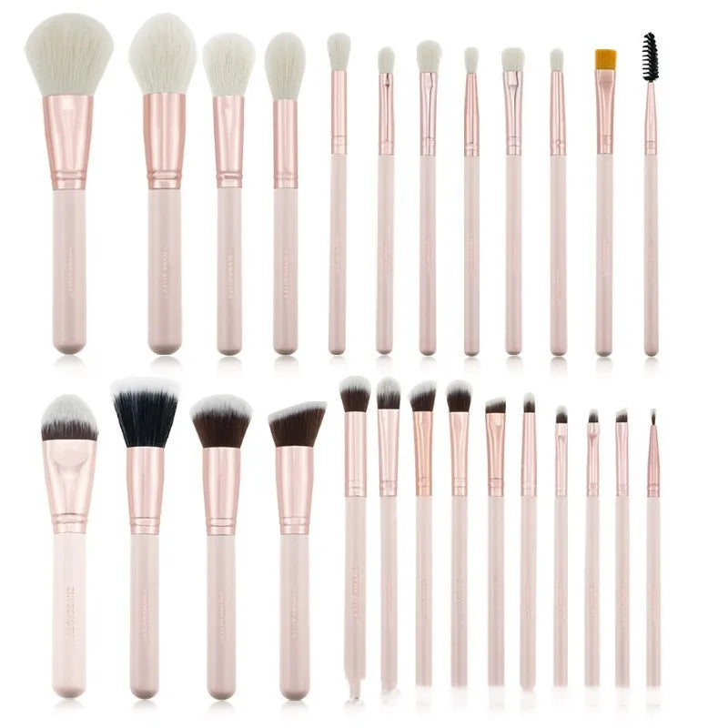 26 pink makeup brushes with wooden handles in a PU storage bag.